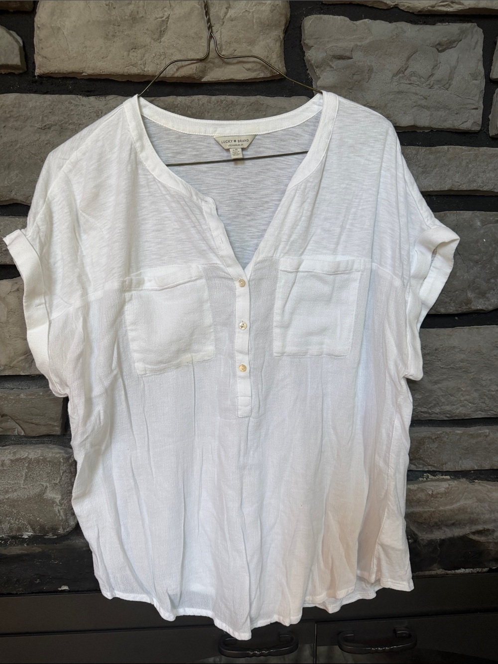 Lucky Brand White Short-Sleeve Button Henley Blouse